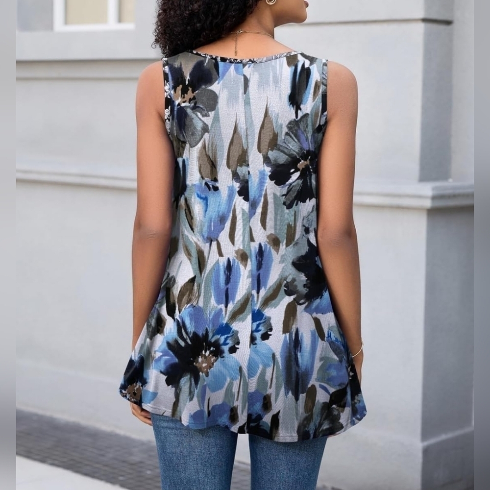 Women's Casual Crew Neck Sleeveless Loose Fit Swing Cami Tank Top Blue Floral XL - Picture 2 of 6